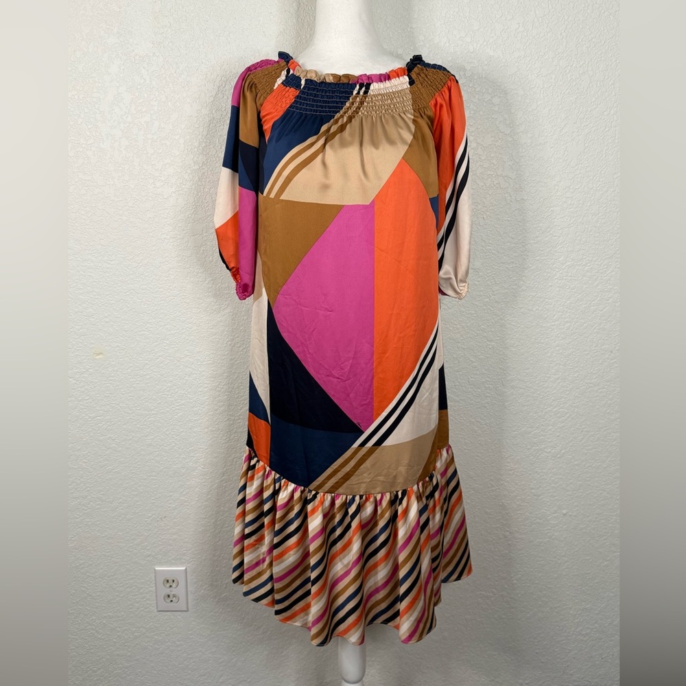 NWT Trina Turk Hiawatha colorful geometric print ruffle hem midi dress Event